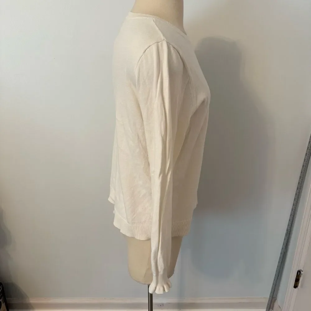 J. Crew Ivory Cotton Ruffle Rhinestone Sweater Size Large